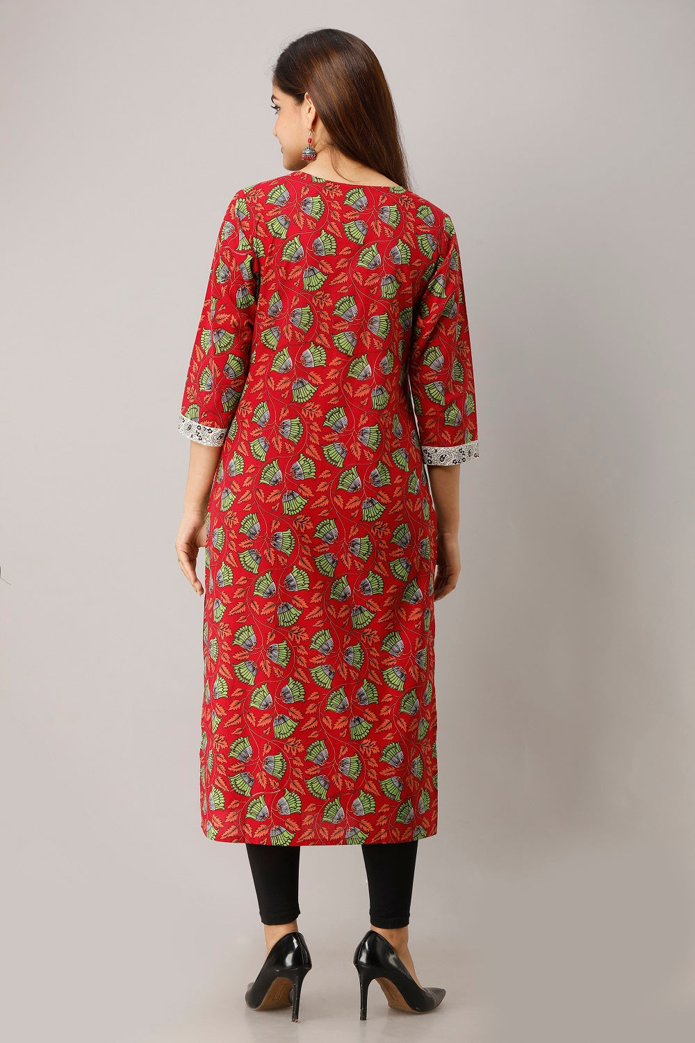 Cotton Floral Print Straight Kurta (Red)