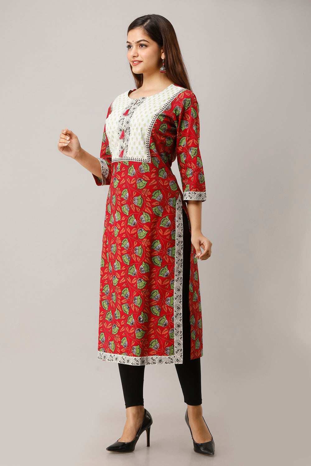 Cotton Floral Print Straight Kurta (Red)