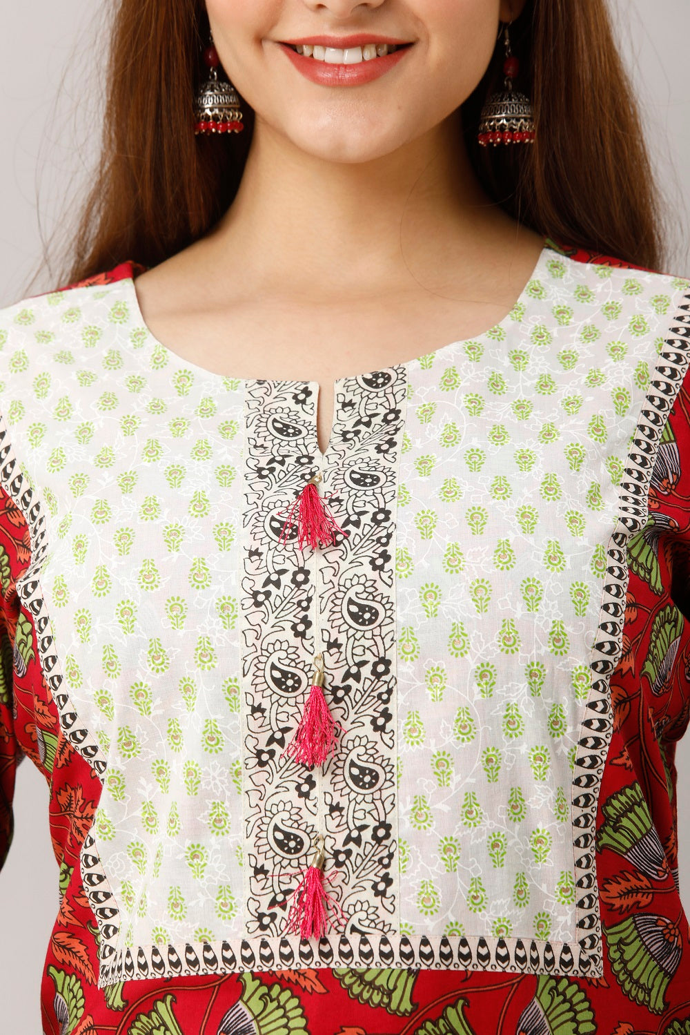 Cotton Floral Print Straight Kurta (Red)