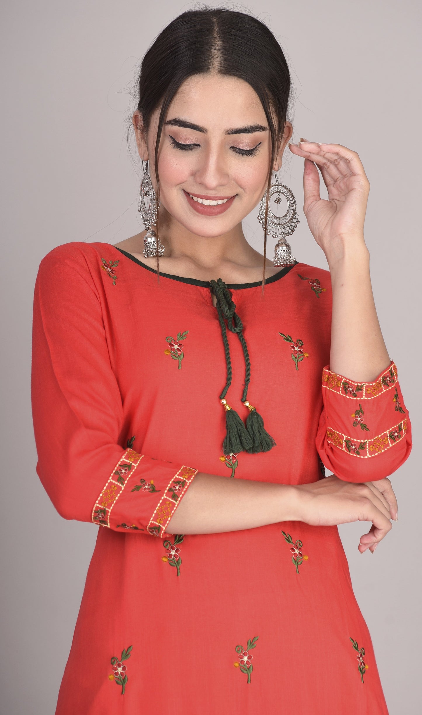 Rayon Floral Thread Embroidered Straight Kurti with Tassels Red