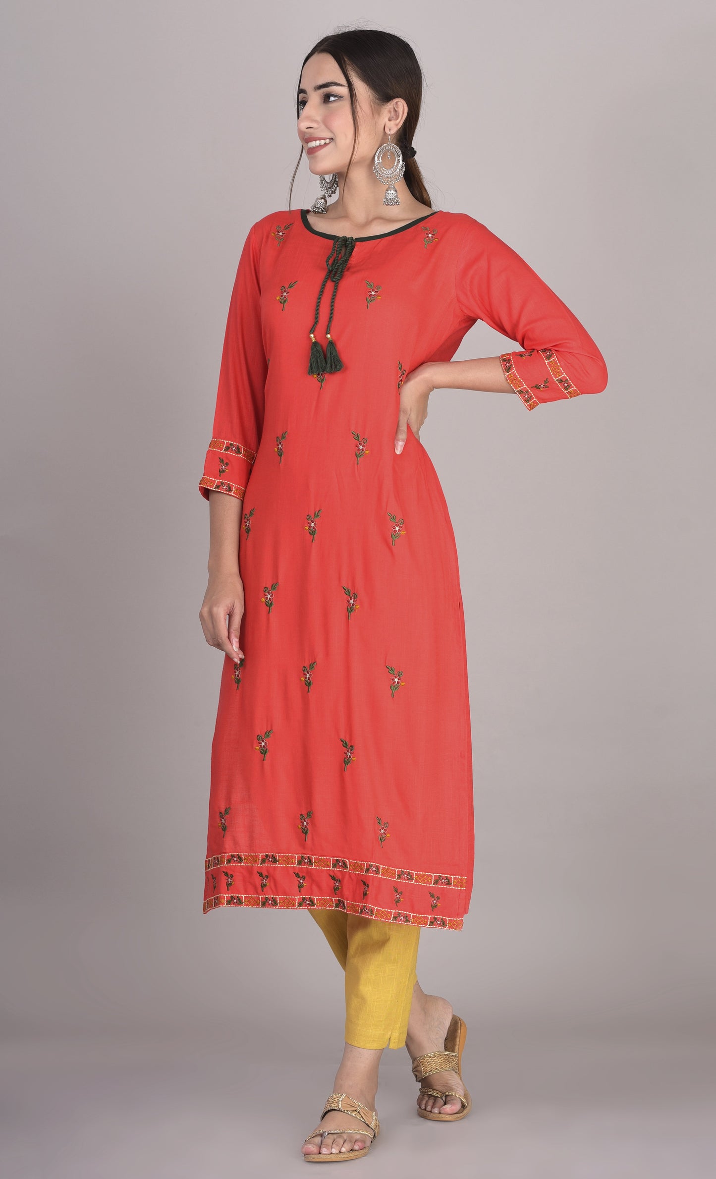 Rayon Floral Thread Embroidered Straight Kurti with Tassels Red