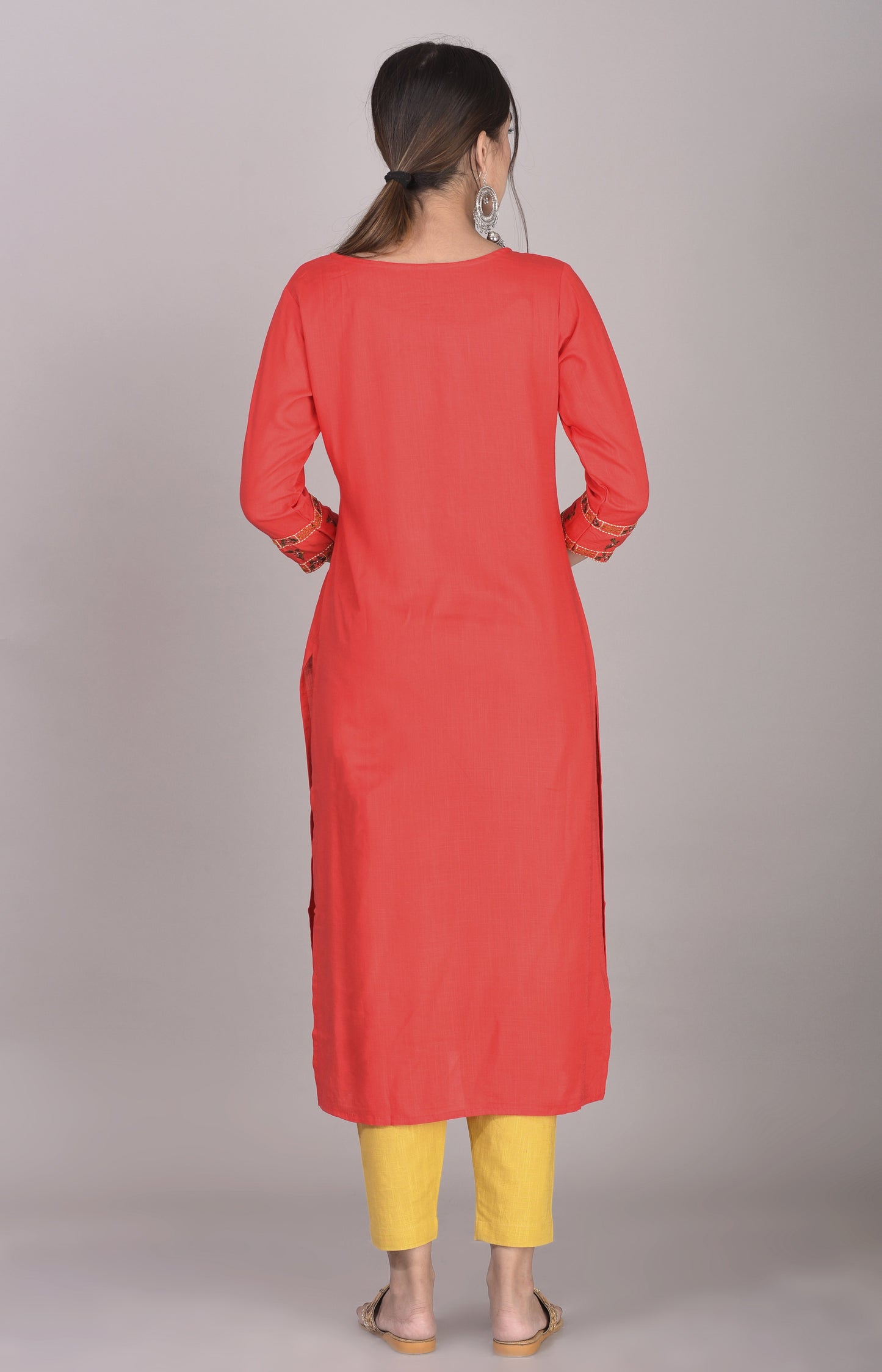 Rayon Floral Thread Embroidered Straight Kurti with Tassels Red