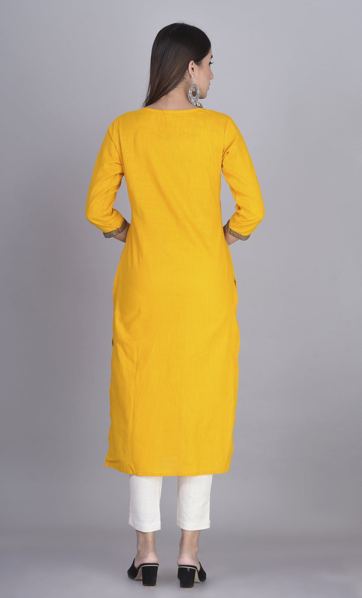 Thread Embroidered Yoke Straight Kurti Mustard