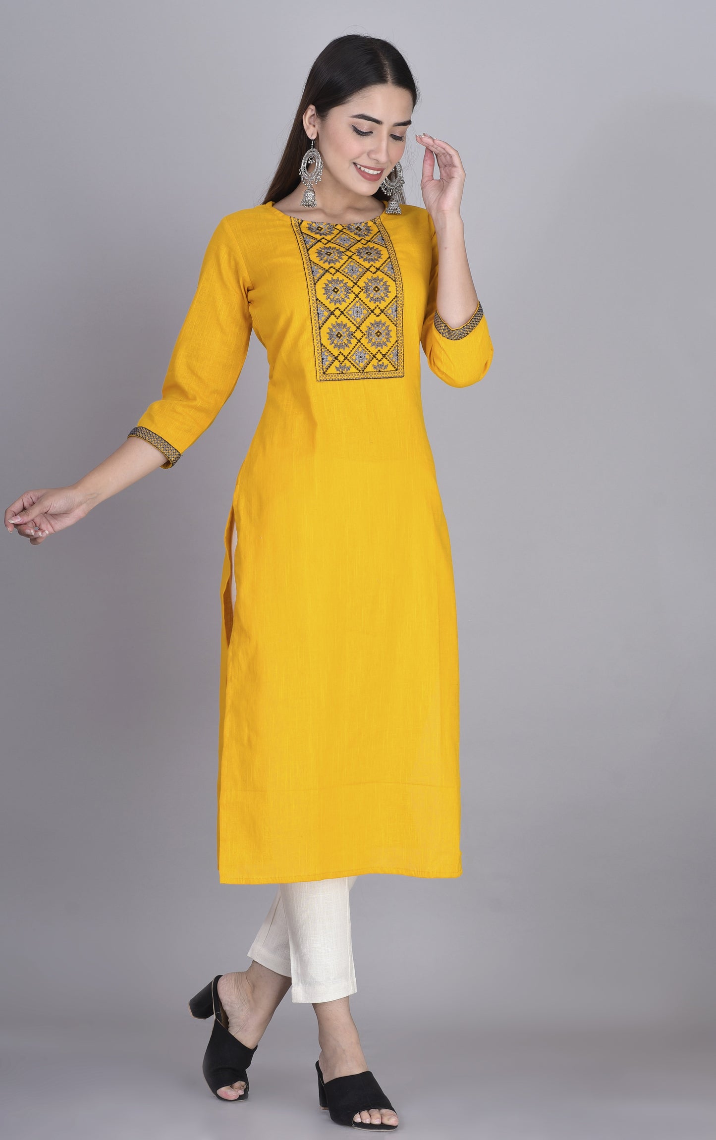 Thread Embroidered Yoke Straight Kurti Mustard