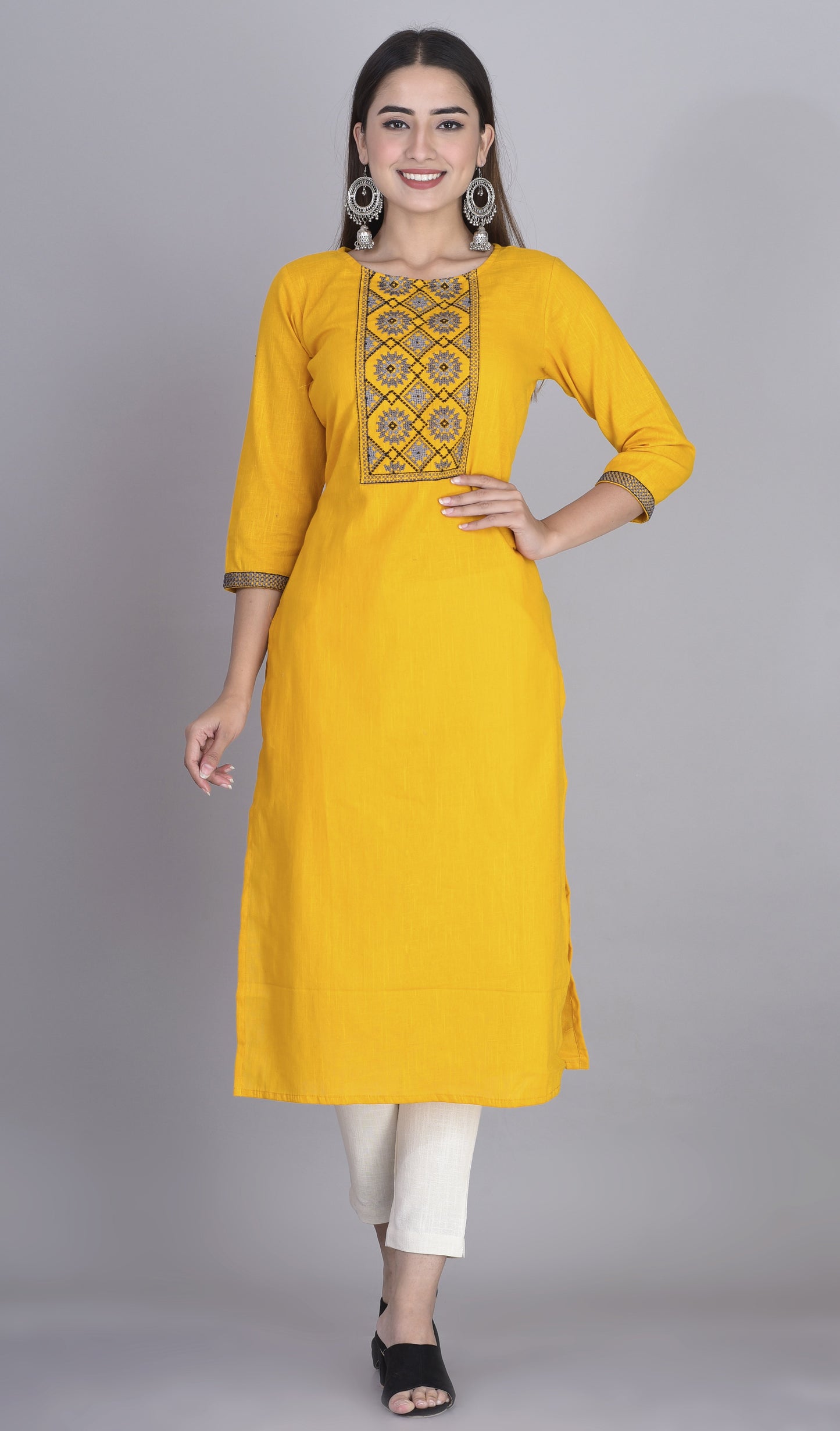 Thread Embroidered Yoke Straight Kurti Mustard