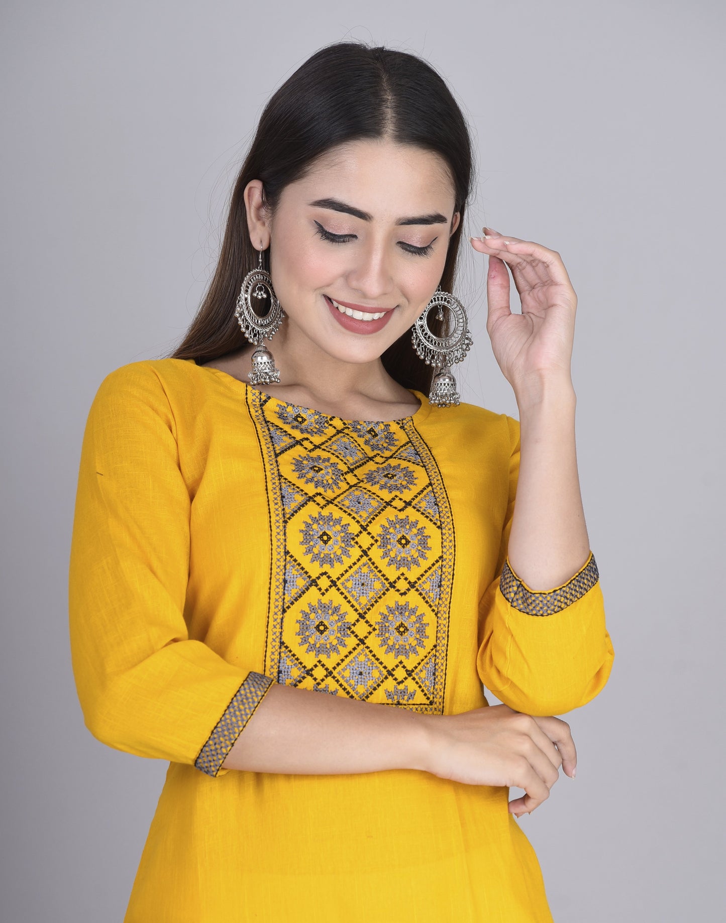 Thread Embroidered Yoke Straight Kurti Mustard