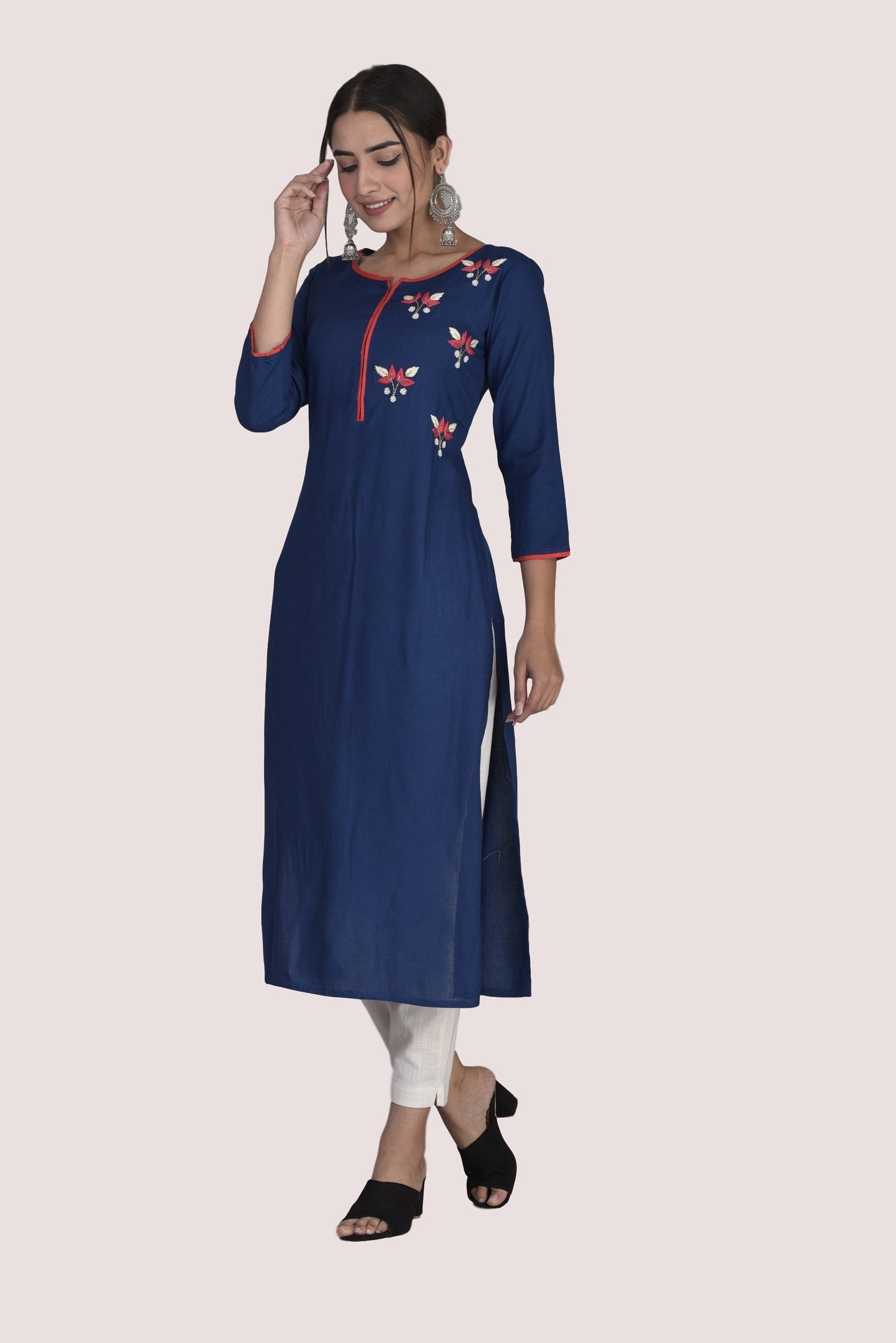Rayon Hand Embroidered Straight Kurta Blue
