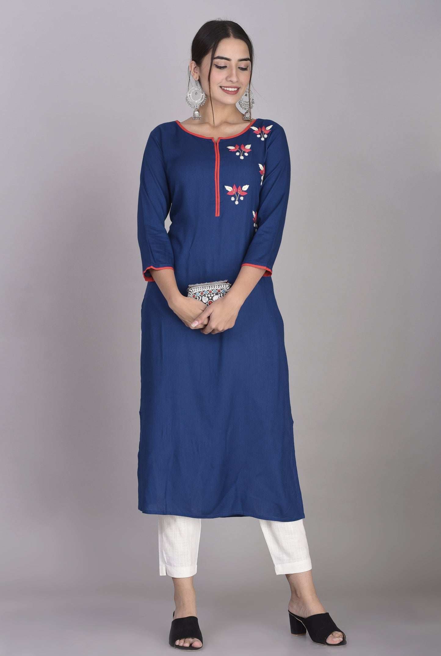 Rayon Hand Embroidered Straight Kurta Blue
