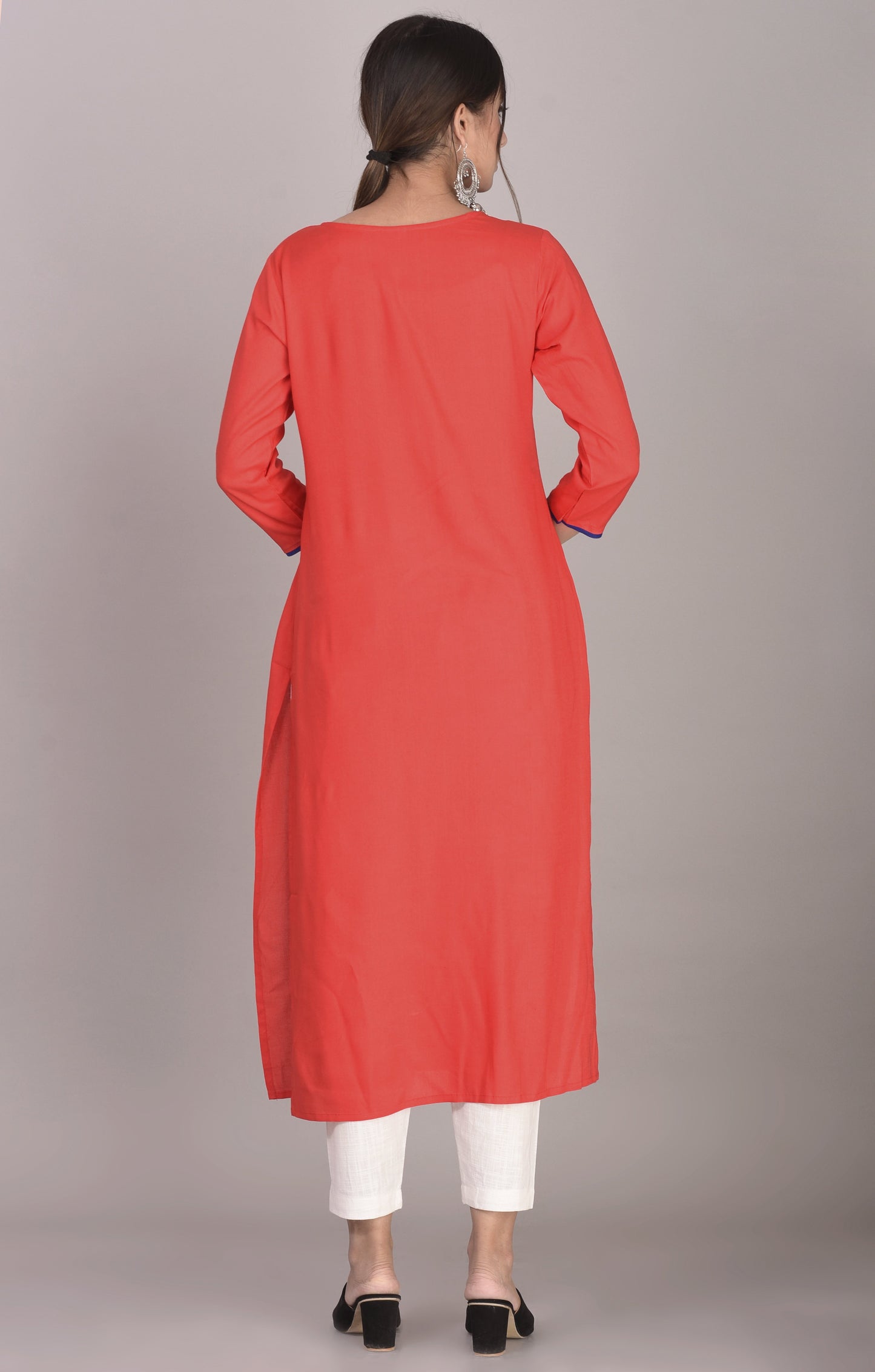 Rayon Hand Embroidered Straight Kurta Red