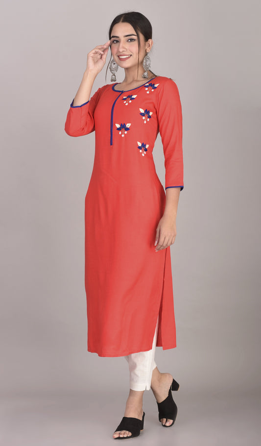 Rayon Hand Embroidered Straight Kurta Red