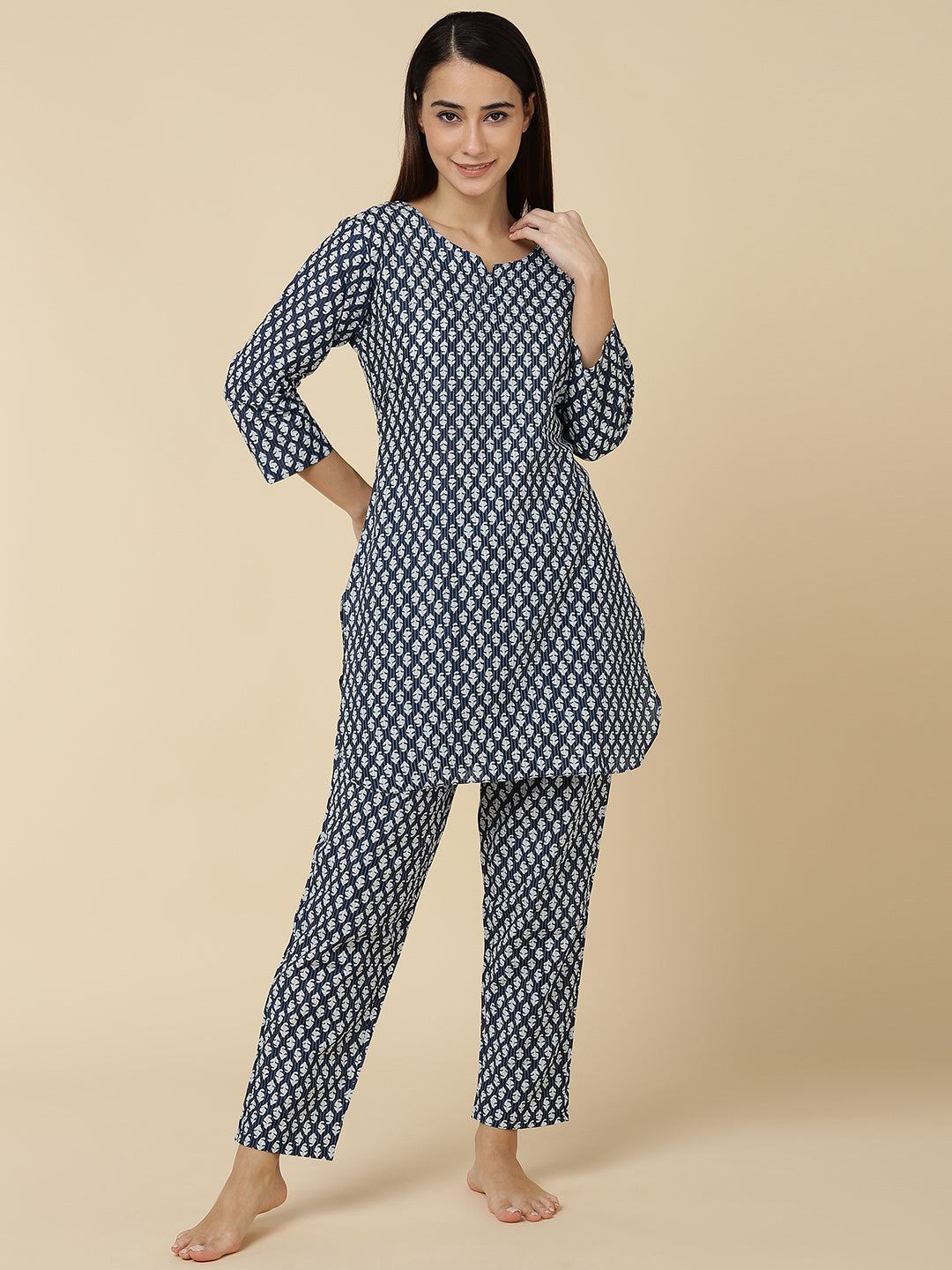 Classic Booti Print Pure Cotton Lounge Set - Blue