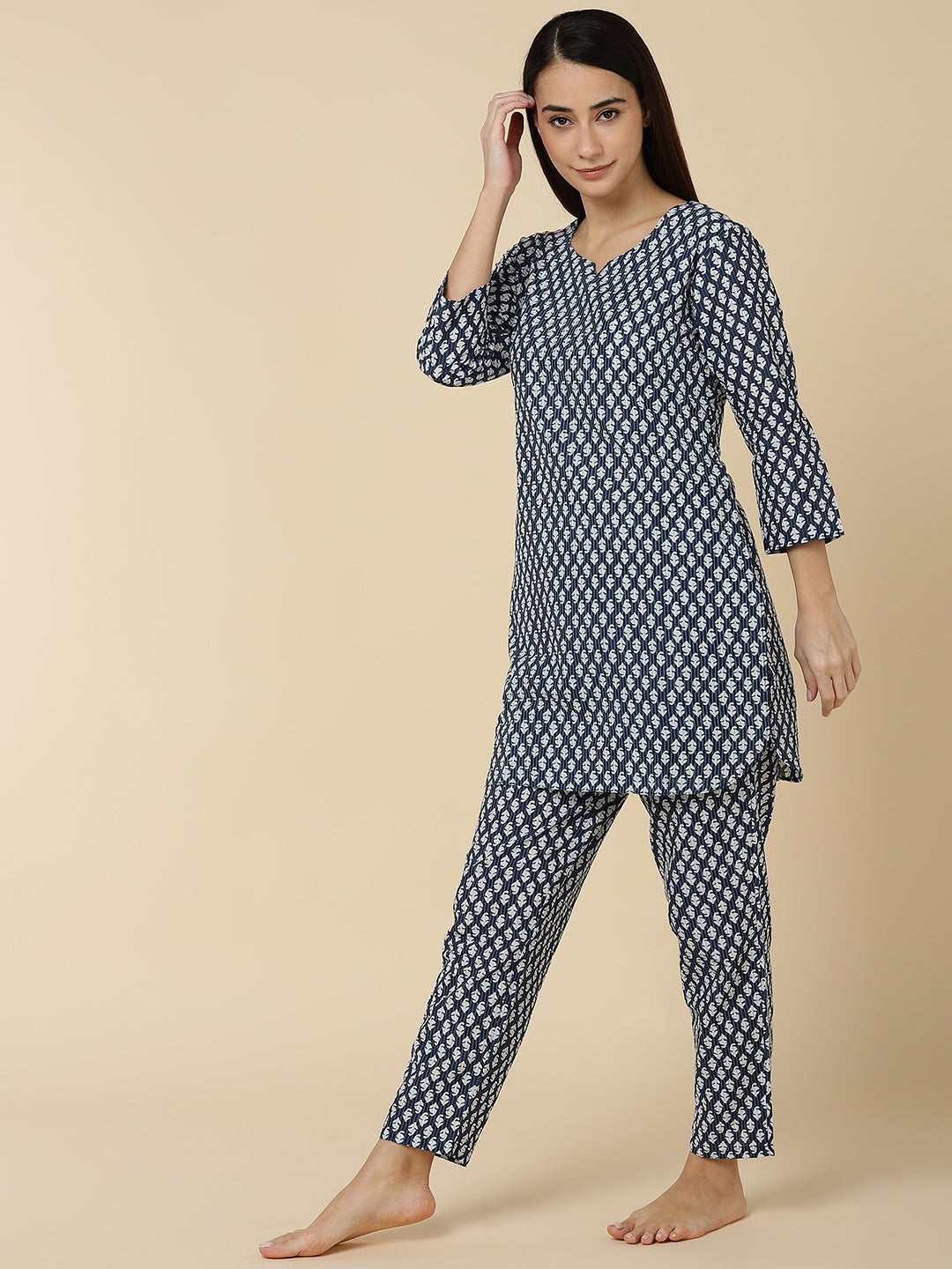 Classic Booti Print Pure Cotton Lounge Set - Blue