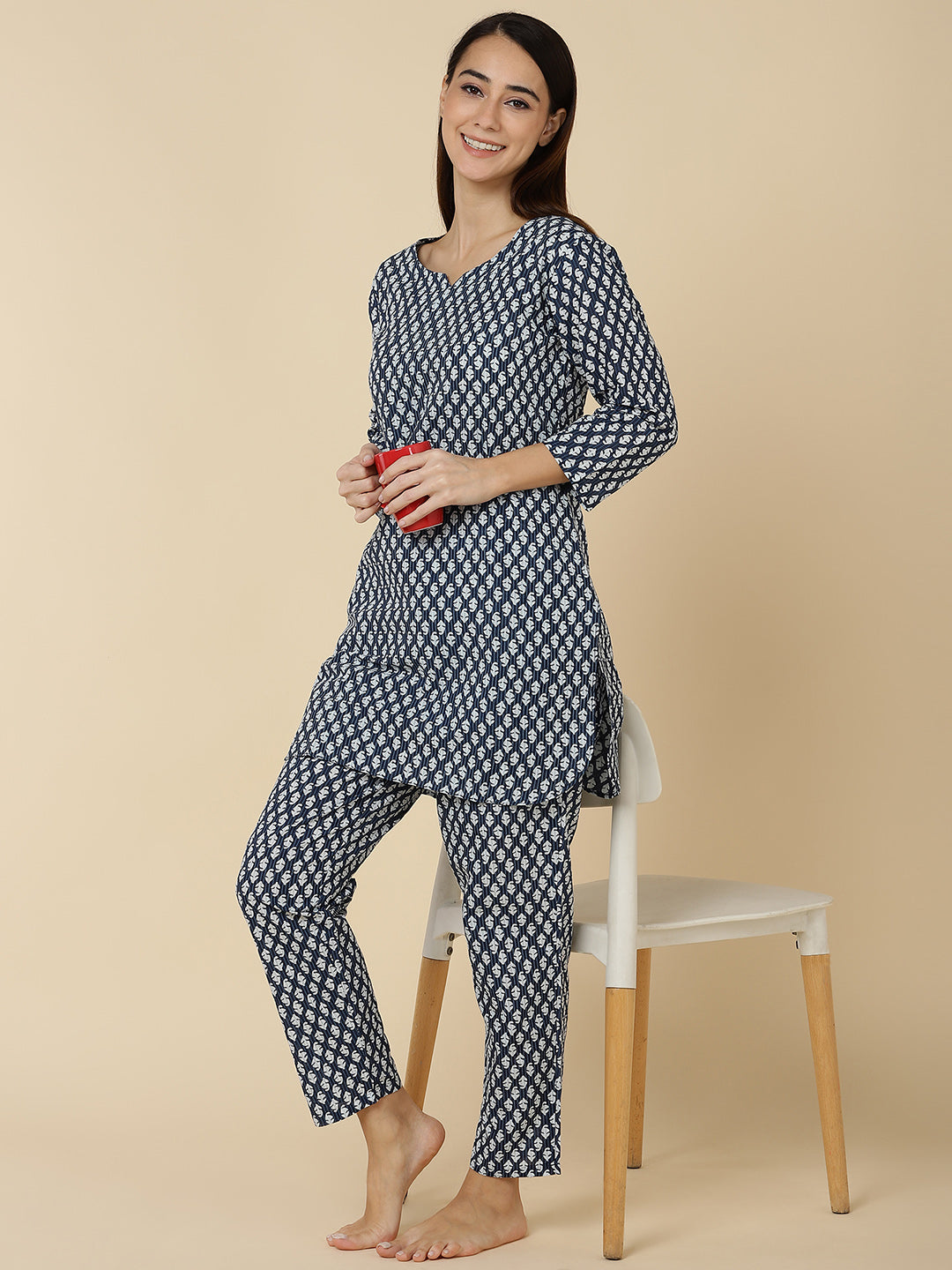 Classic Booti Print Pure Cotton Lounge Set - Blue