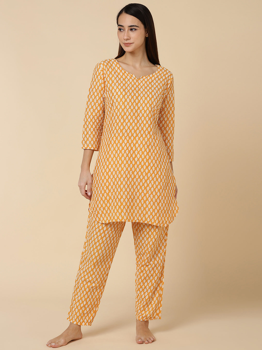Classic Booti Print Pure Cotton Lounge Set - Mustard