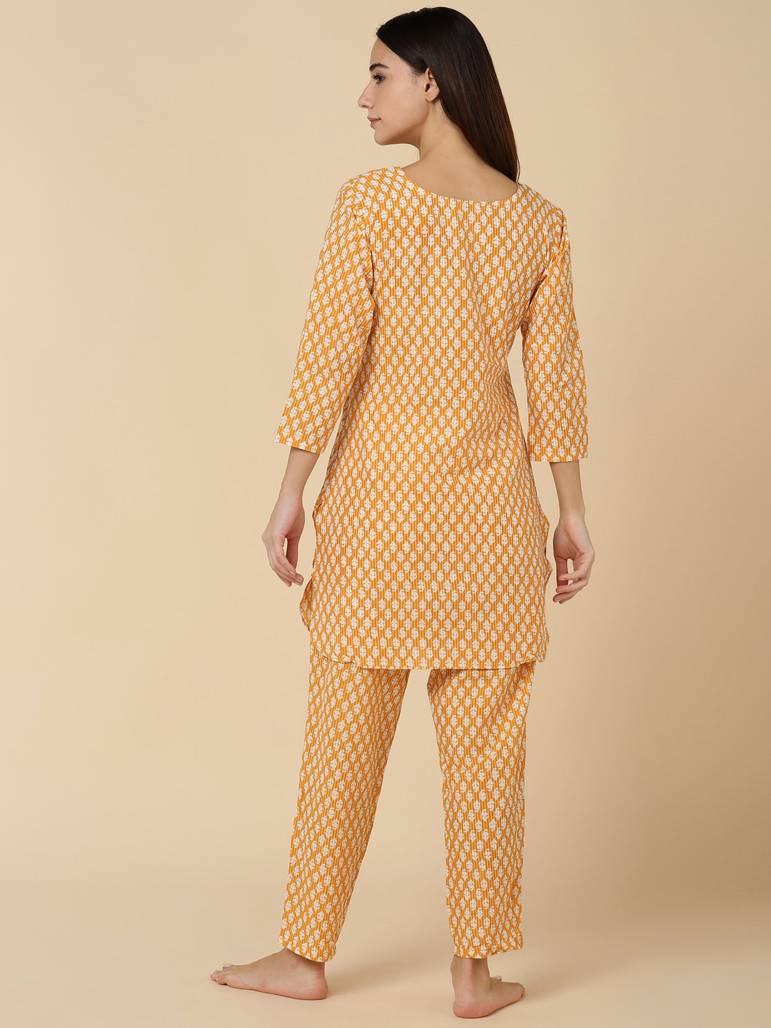 Classic Booti Print Pure Cotton Lounge Set - Mustard