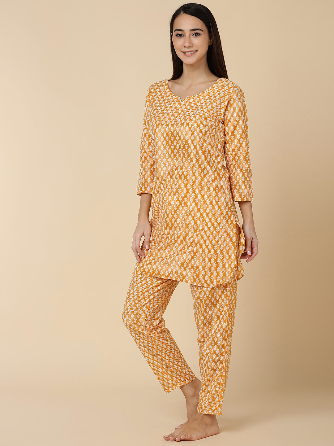 Classic Booti Print Pure Cotton Lounge Set - Mustard