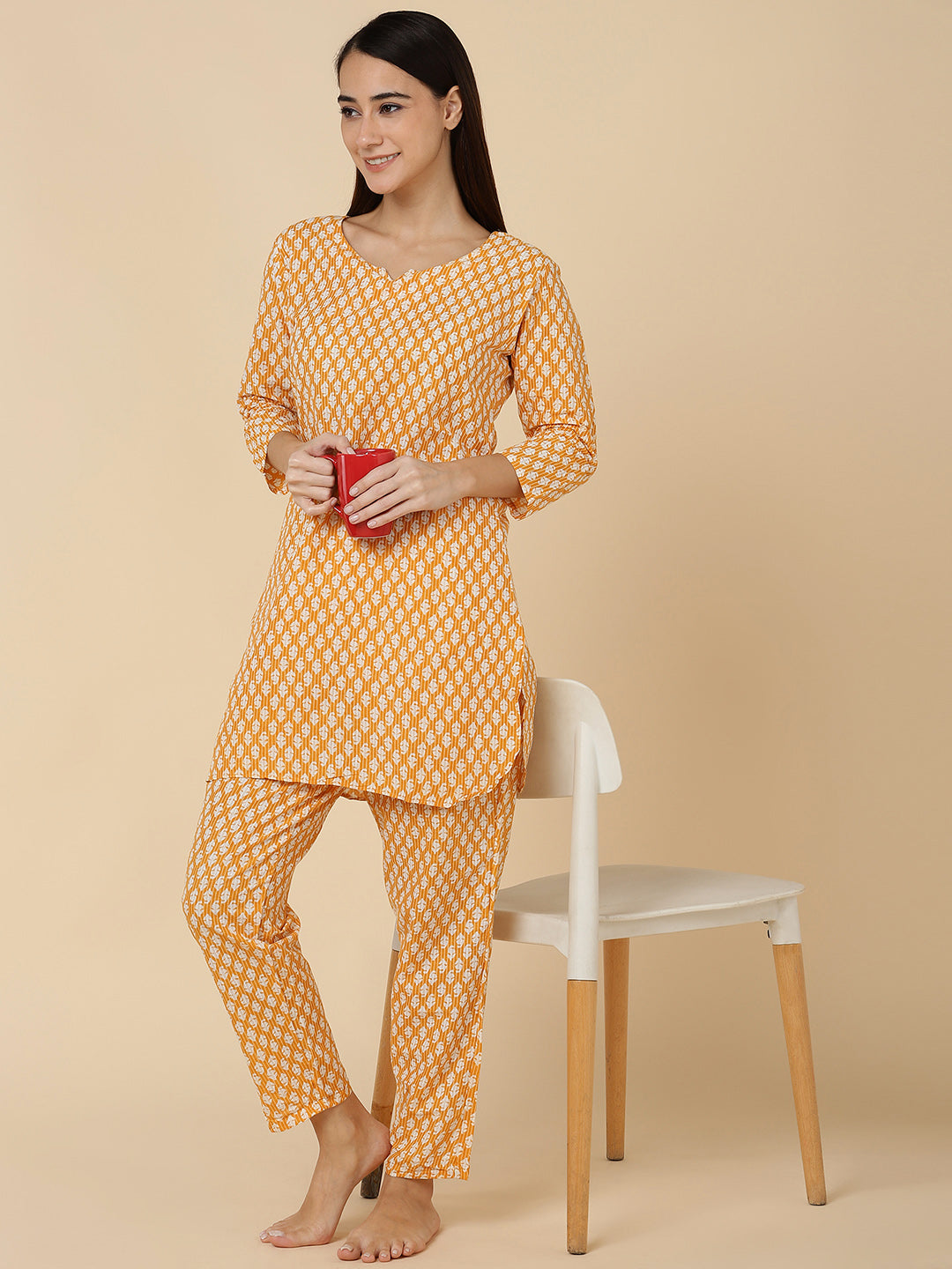 Classic Booti Print Pure Cotton Lounge Set - Mustard