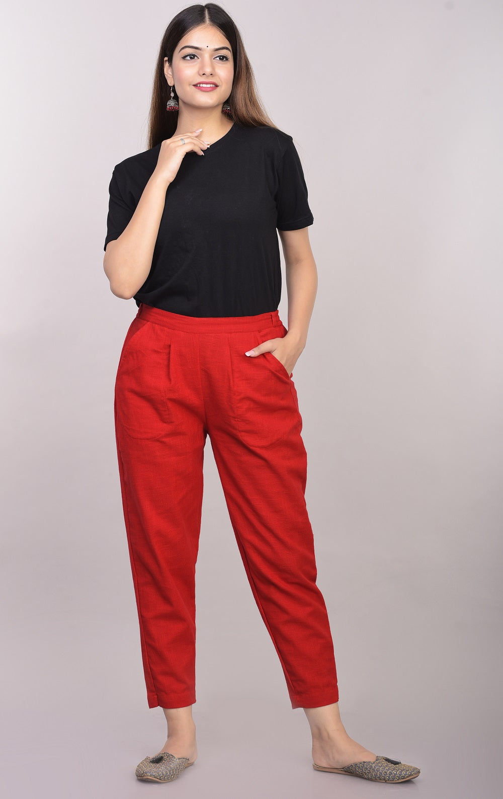 Premium Cotton Slub Crop Pants - Red