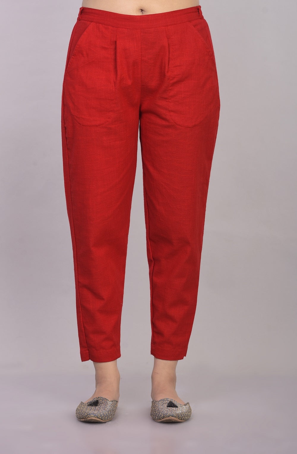 Premium Cotton Slub Crop Pants - Red