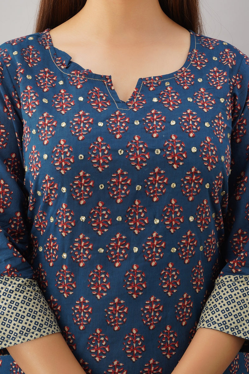 Cotton Floral And Bandhani Print Kurti Palazzo And Dupatta Set Blue Vedana 9077