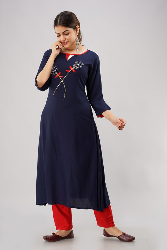 Rayon Solid Hand Embroidered A-line Kurti (Navy Blue)