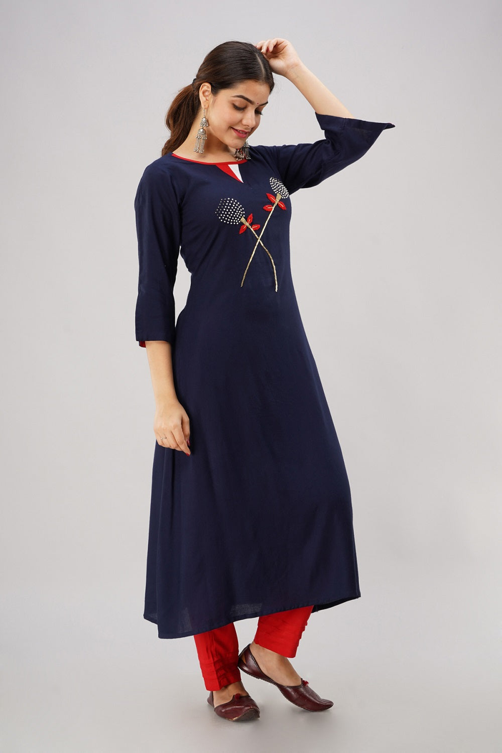 Rayon Solid Hand Embroidered A-line Kurti (Navy Blue)