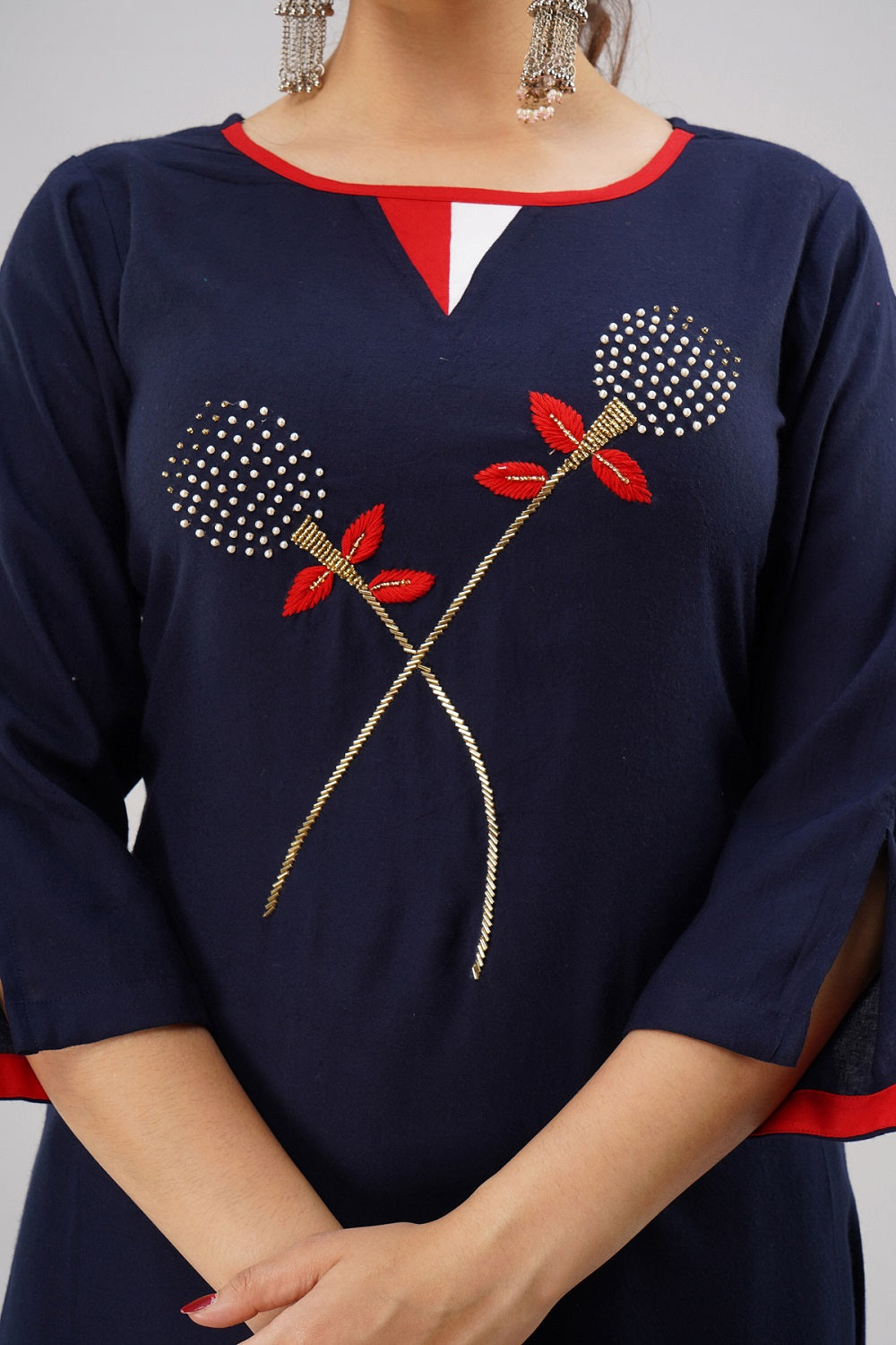 Rayon Solid Hand Embroidered A-line Kurti (Navy Blue)