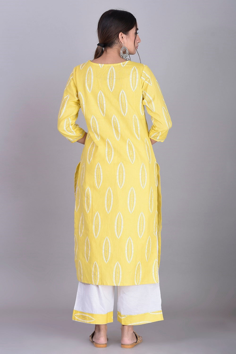 Cotton Abstract Print Kurti, Palazzo and Dupatta Set (Lemon)
