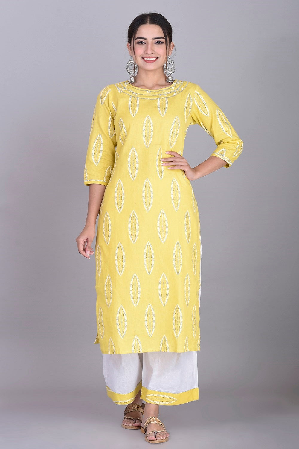 Cotton Abstract Print Kurti, Palazzo and Dupatta Set (Lemon)