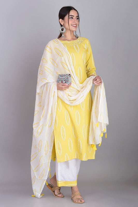 Cotton Abstract Print Kurti, Palazzo and Dupatta Set (Lemon)