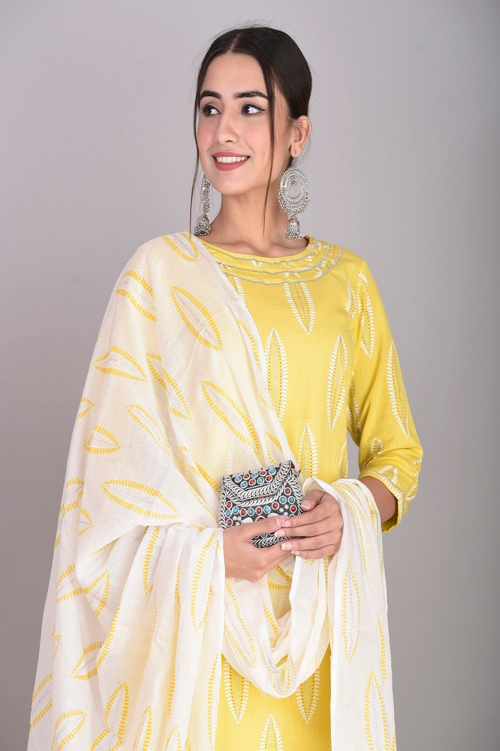 Cotton Abstract Print Kurti, Palazzo and Dupatta Set (Lemon)