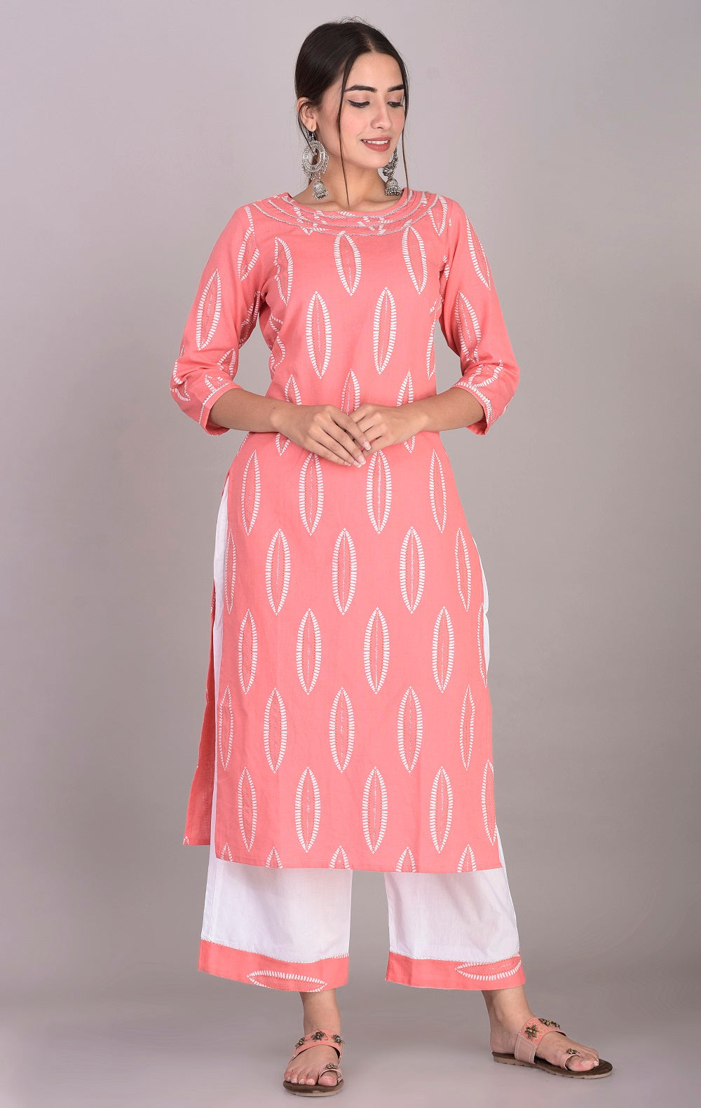 Cotton Abstract Print Kurti, Palazzo and Dupatta Set (Peach)
