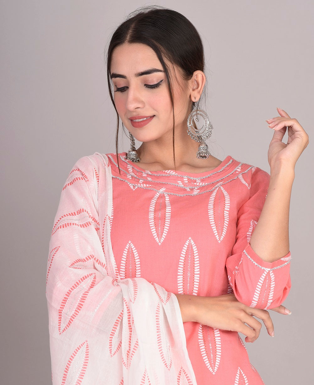 Cotton Abstract Print Kurti, Palazzo and Dupatta Set (Peach)