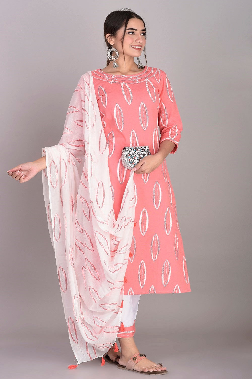 Cotton Abstract Print Kurti, Palazzo and Dupatta Set (Peach)