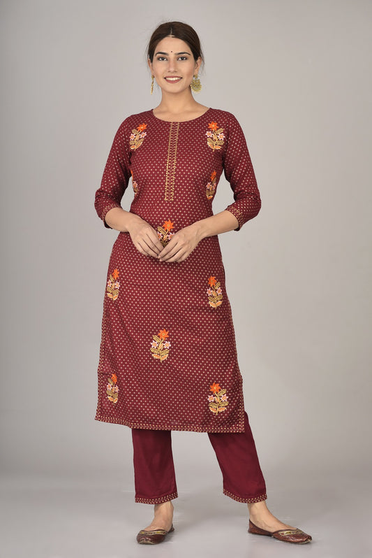Rayon Thread Embroidered Straight Kurta and Pant Set (Maroon)