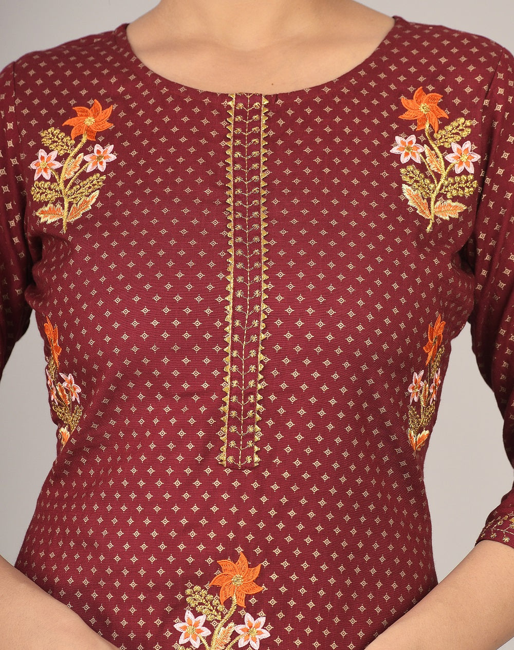 Rayon Thread Embroidered Straight Kurta and Pant Set (Maroon)