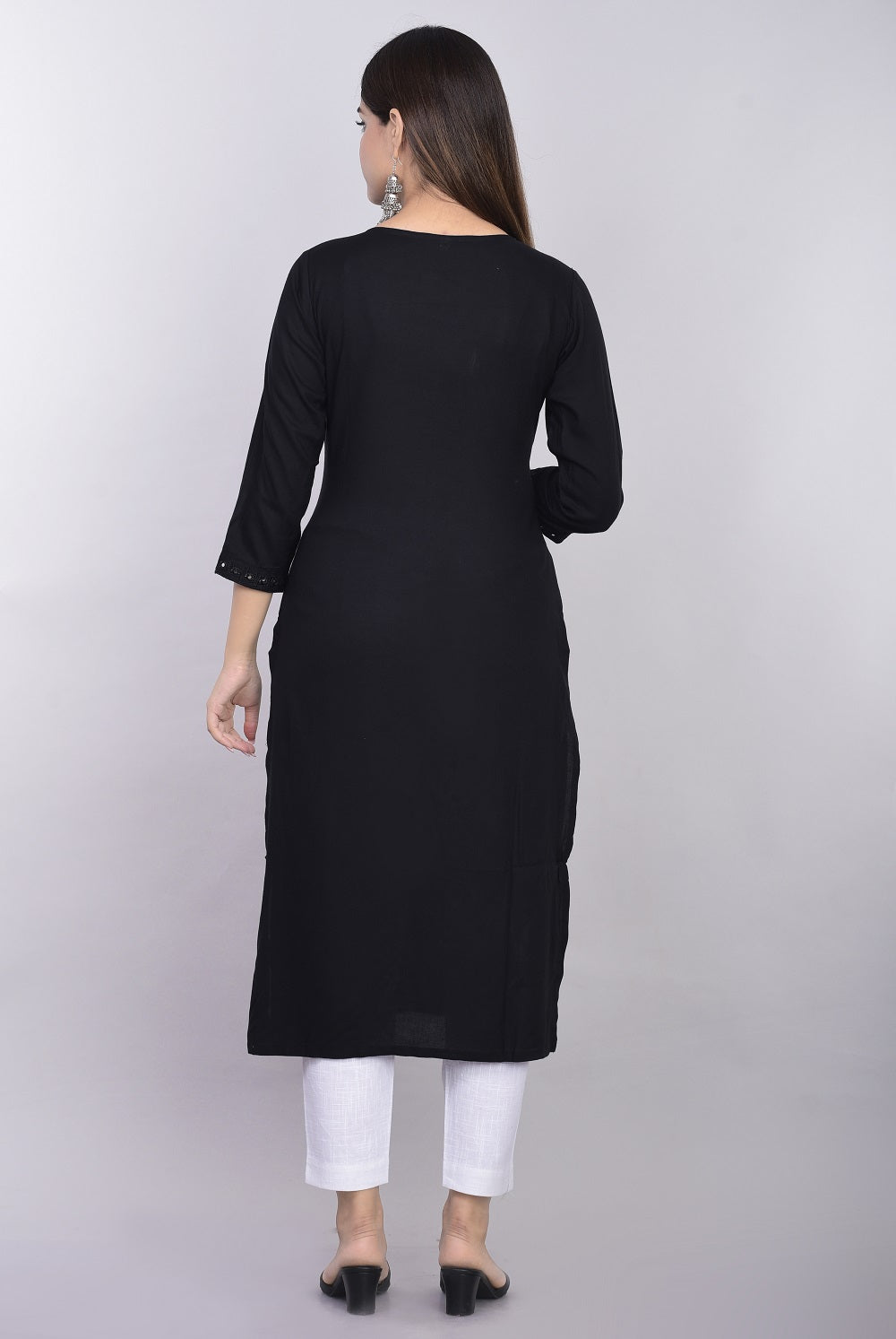 Rayon Straight Mirror Embroidered Kurti (Black)