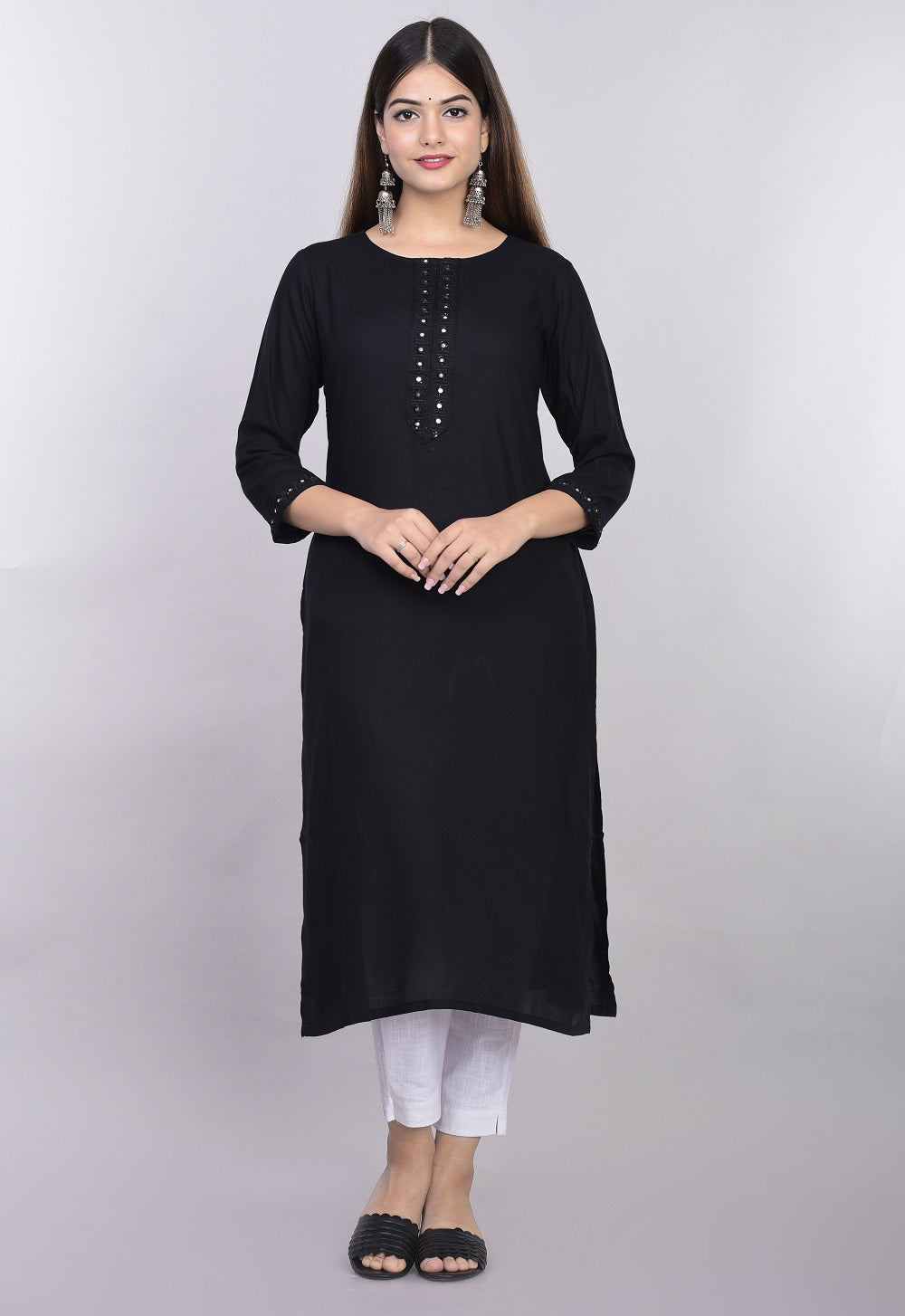 Rayon Straight Mirror Embroidered Kurti (Black)