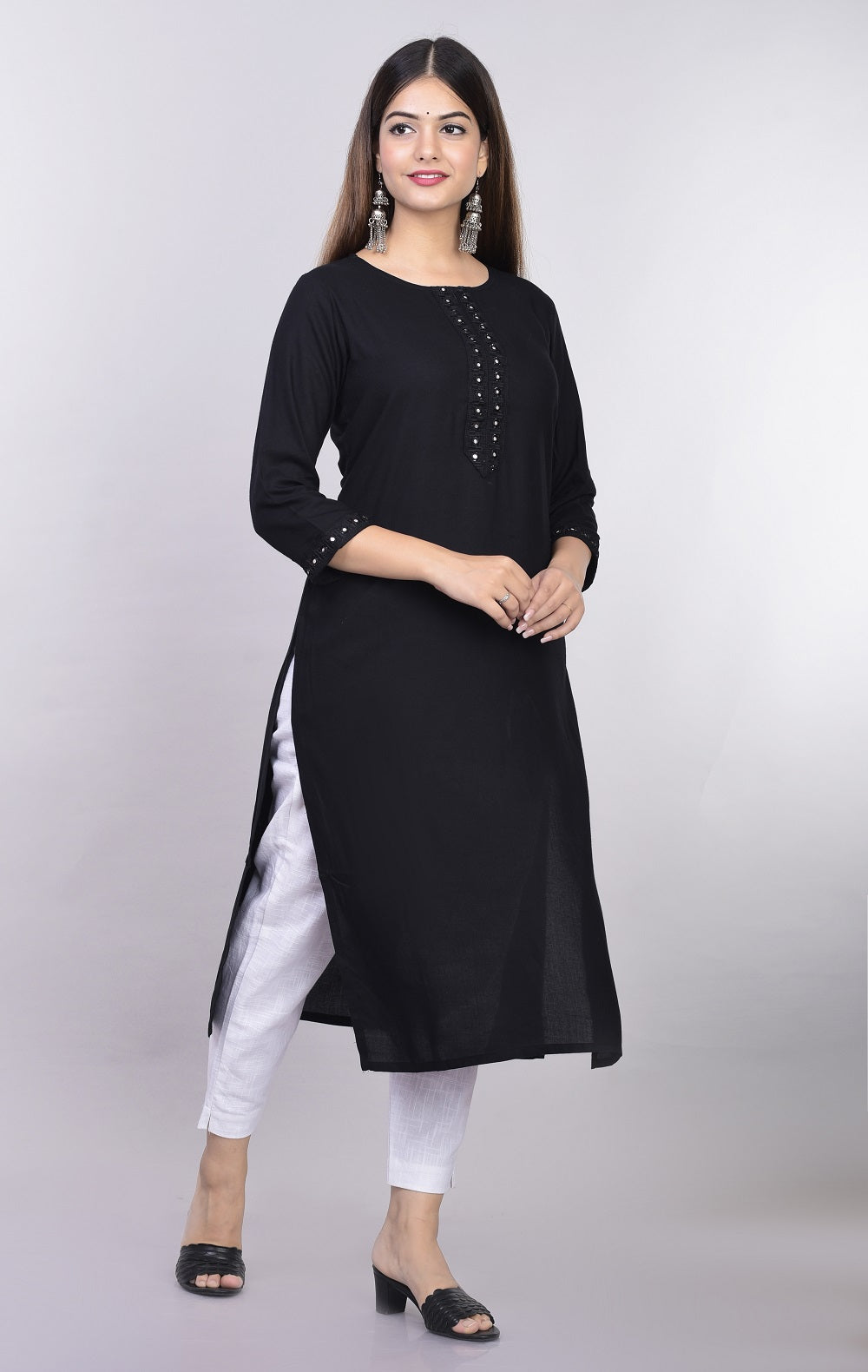 Rayon Straight Mirror Embroidered Kurti (Black)
