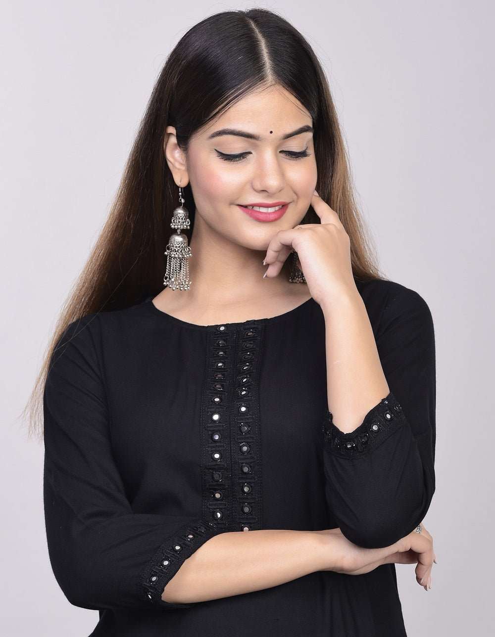 Rayon Straight Mirror Embroidered Kurti (Black)