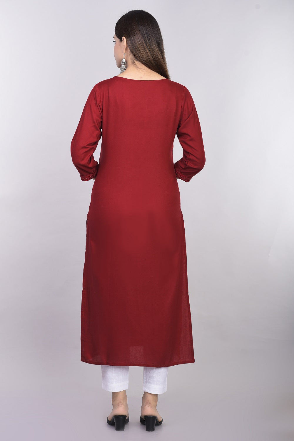 Rayon Straight Mirror Embroidered Kurti (Maroon)