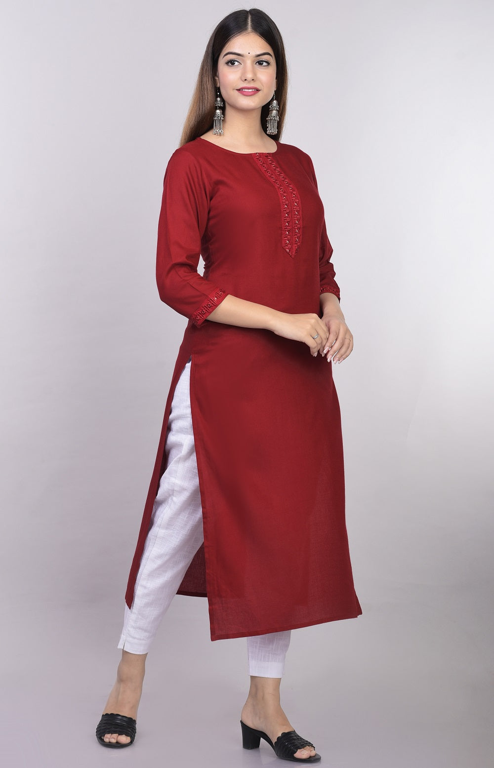 Rayon Straight Mirror Embroidered Kurti (Maroon)
