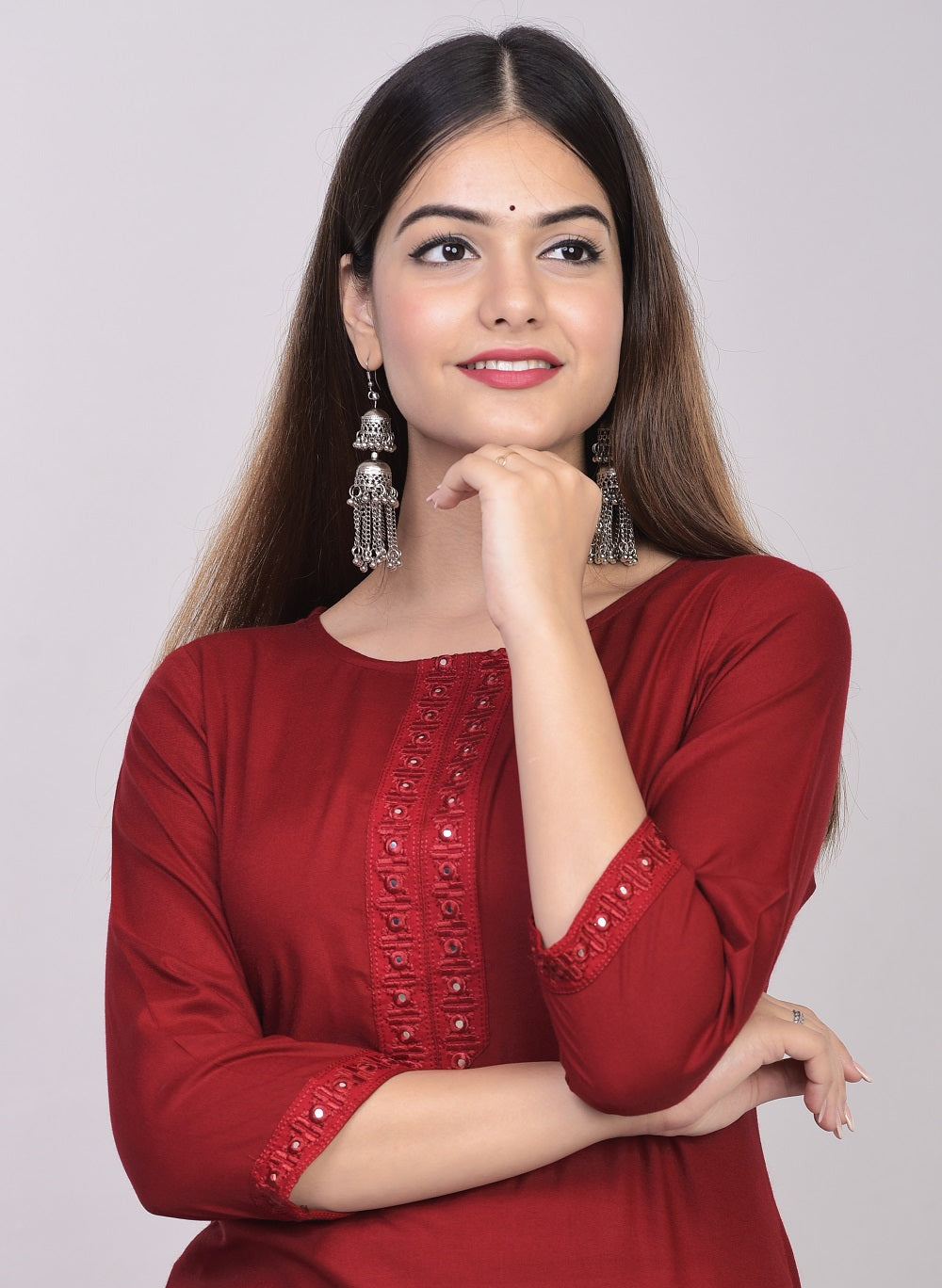 Rayon Straight Mirror Embroidered Kurti (Maroon)