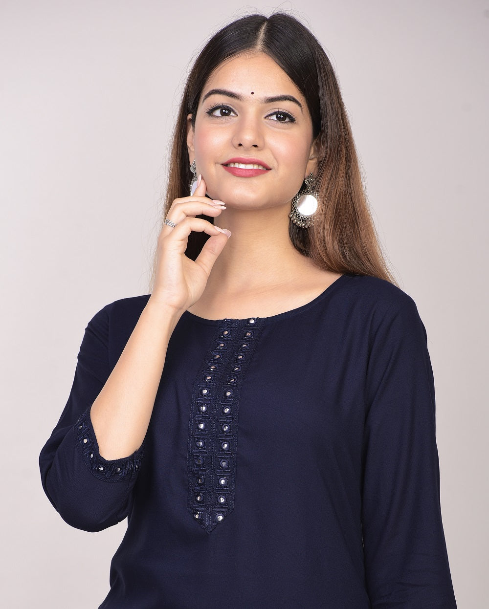 Rayon Straight Mirror Embroidered Kurti (Navy)