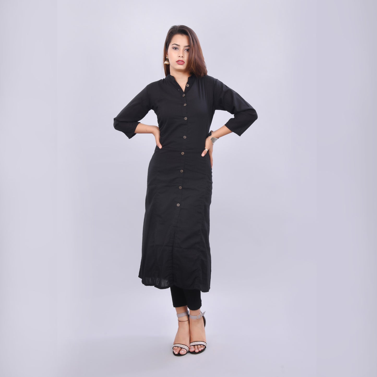 Women's Black Solid A-line Cotton Kurti (Black)