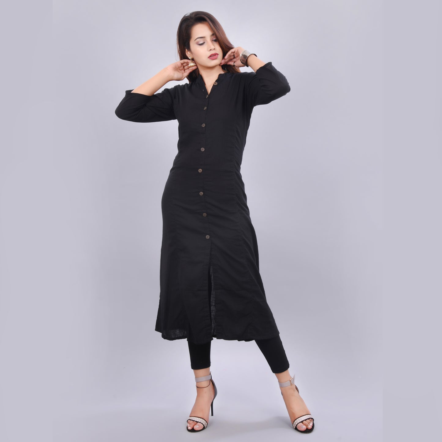Women's Black Solid A-line Cotton Kurti (Black)