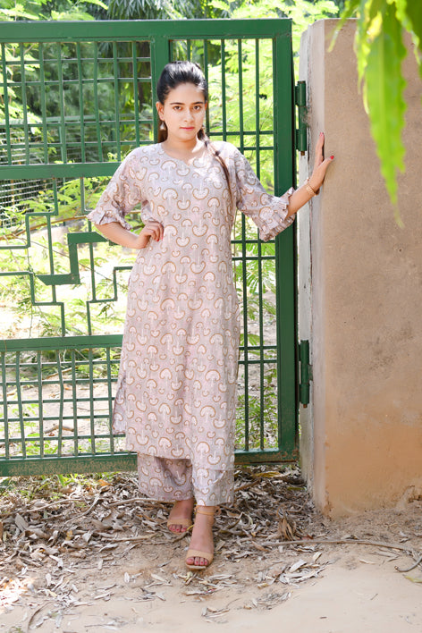 Rayon Printed Straight Kurta and Palazzo Set - Grey