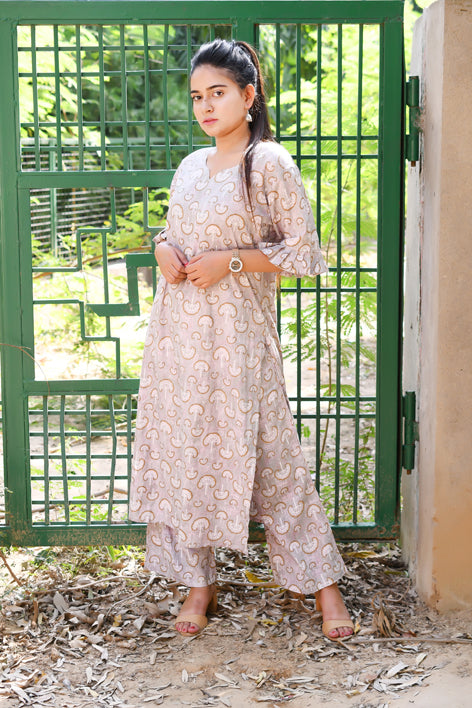 Rayon Printed Straight Kurta and Palazzo Set - Grey