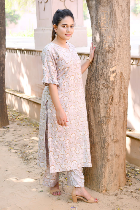 Rayon Printed Straight Kurta and Palazzo Set - Grey
