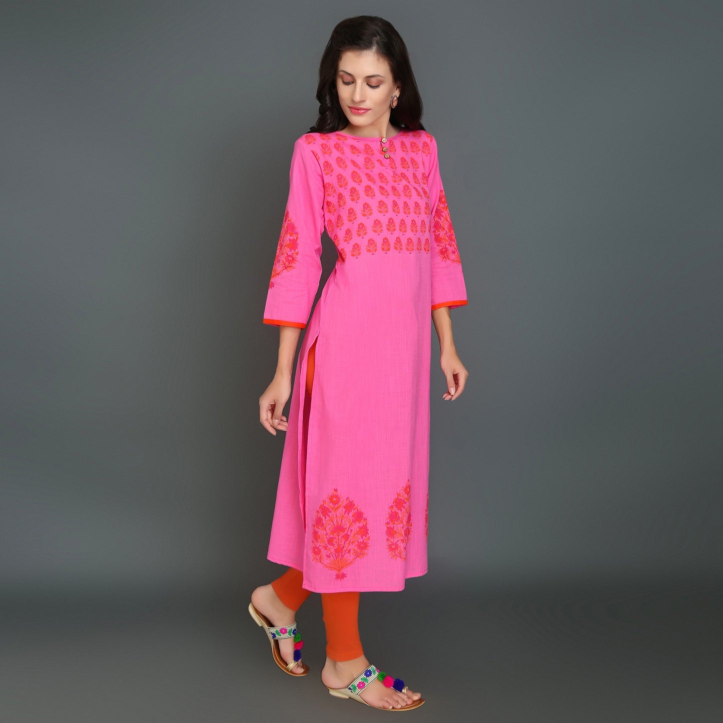 Vedana Straight HandBlock Printed Kurti (Pink)